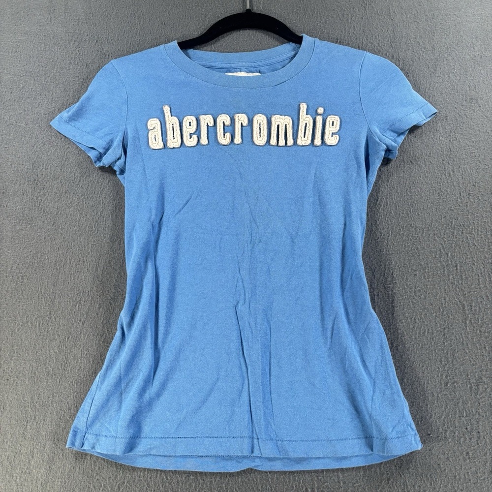 VTG Y2K Abercrombie & Fitch Baby Tee Women's L (15x22) Blue Puff Print Spellout